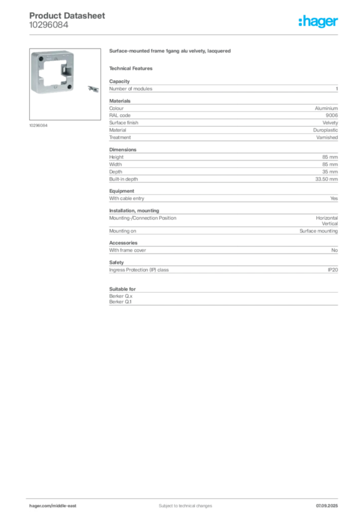 Image Hager Product data sheet 10296084  | Hager