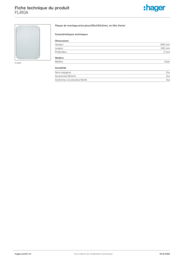 Image Hager Fiche technique du produit FL410A | Hager Suisse
