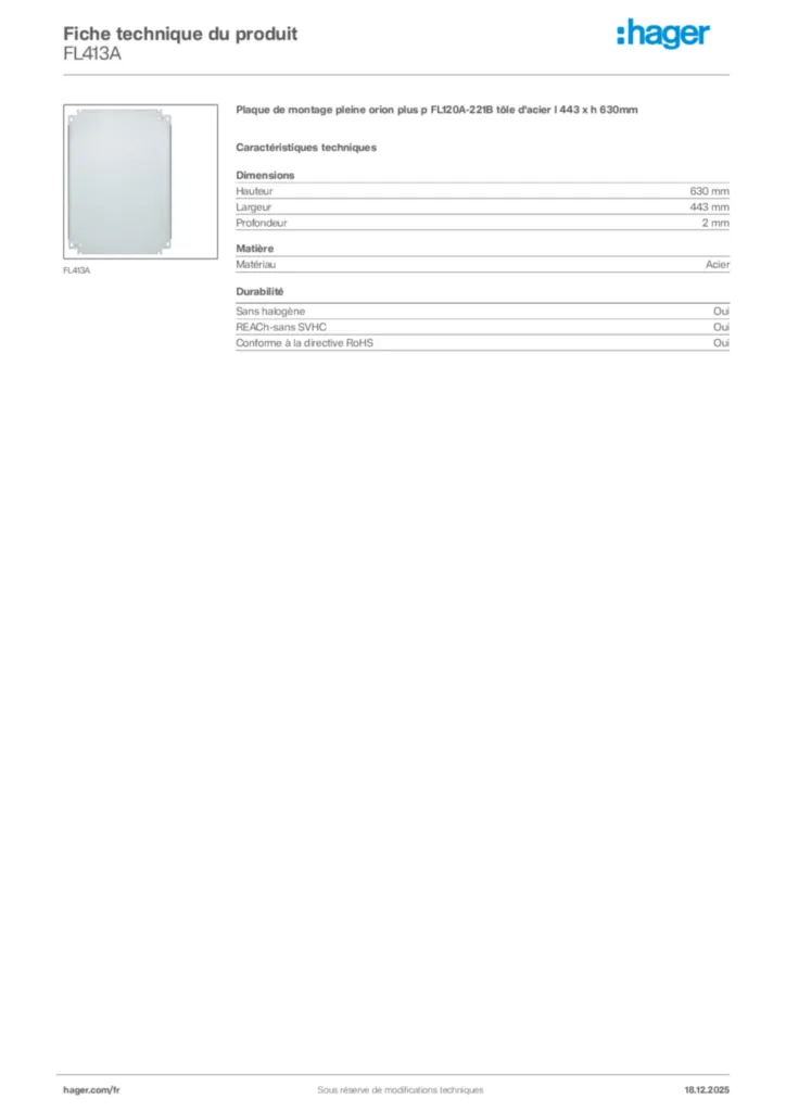 Image Hager Fiche technique du produit FL413A | Hager France