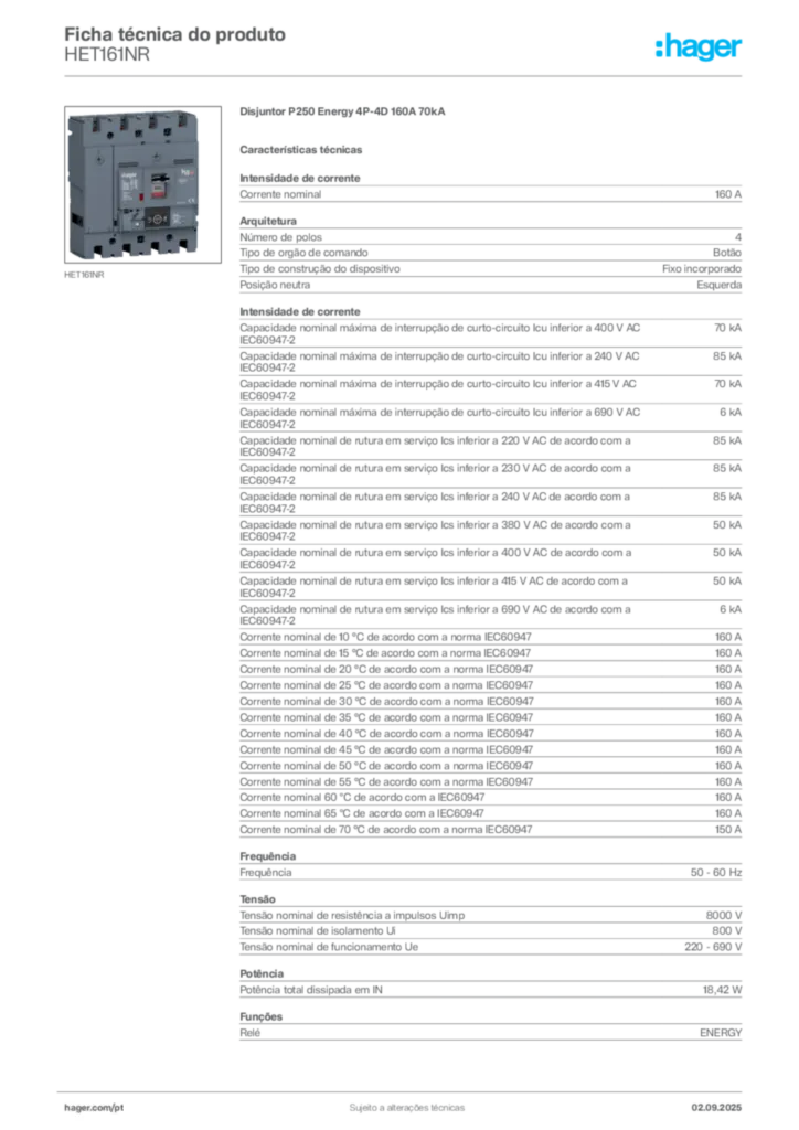 Imagem Hager Ficha técnica do produto HET161NR | Hager Portugal