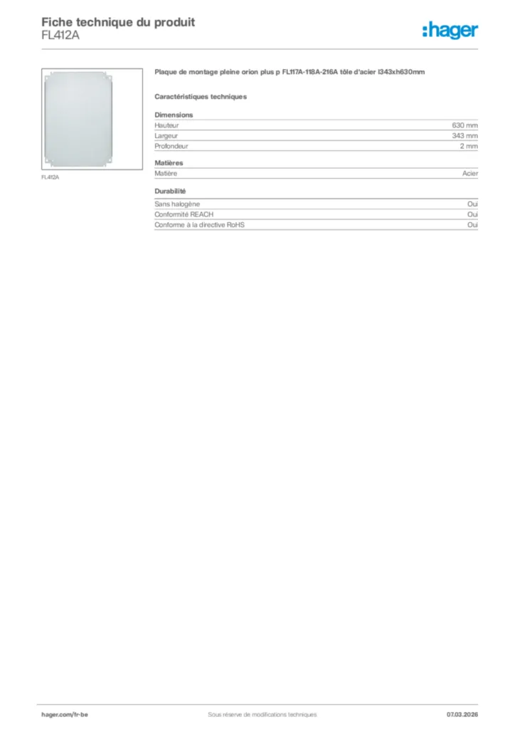 Image Hager Fiche technique du produit FL412A | Hager Belgique