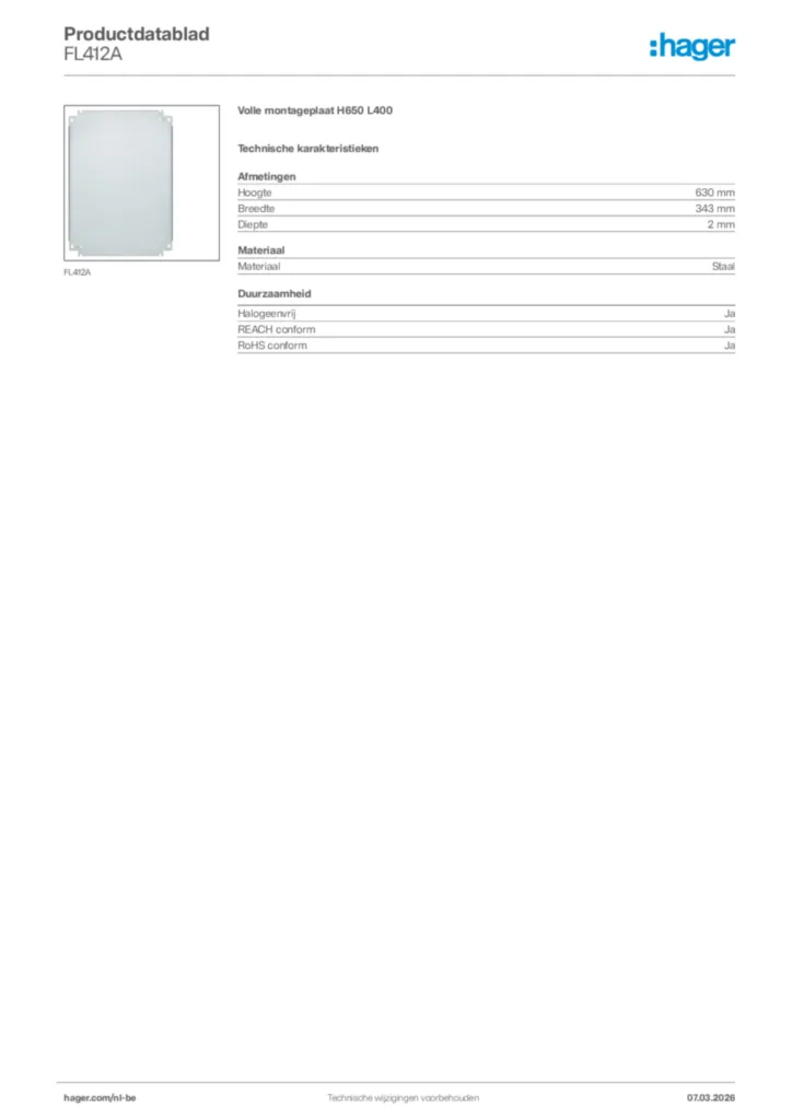 Afbeelding Hager Productdatablad FL412A | Hager Belgium