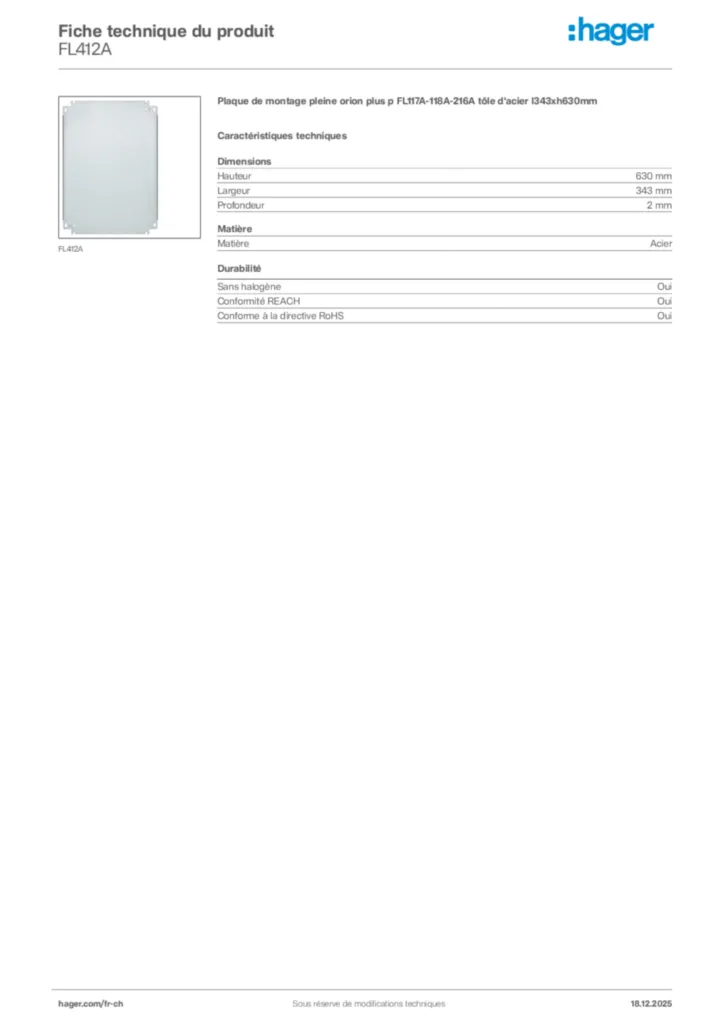Image Hager Fiche technique du produit FL412A | Hager Suisse