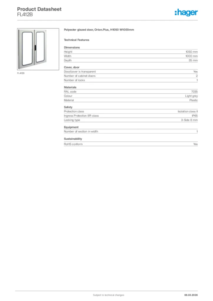 Image Hager Product data sheet FL412B  | Hager Africa