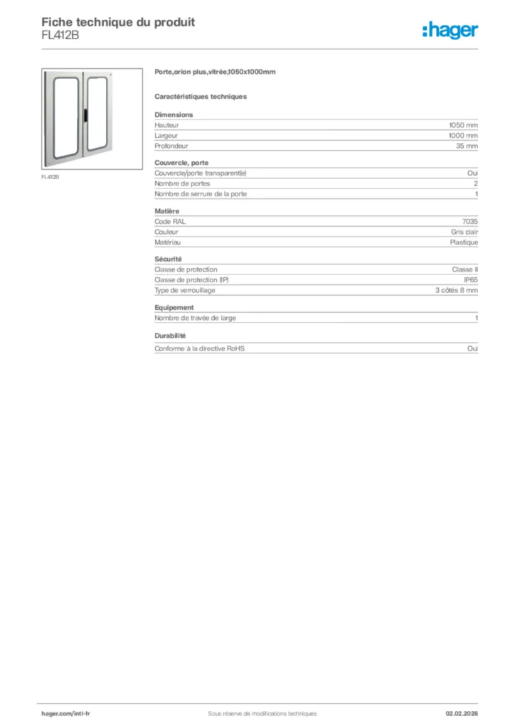 Image Hager Fiche technique du produit FL412B | Hager Afrique