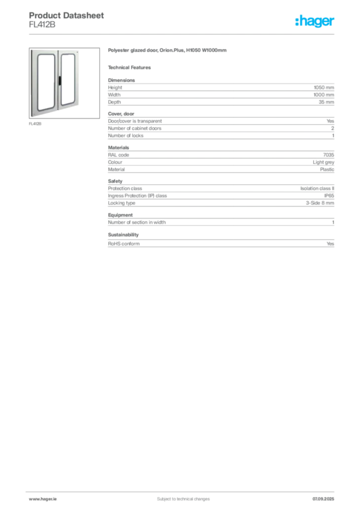 Image Hager Product data sheet FL412B  | Hager