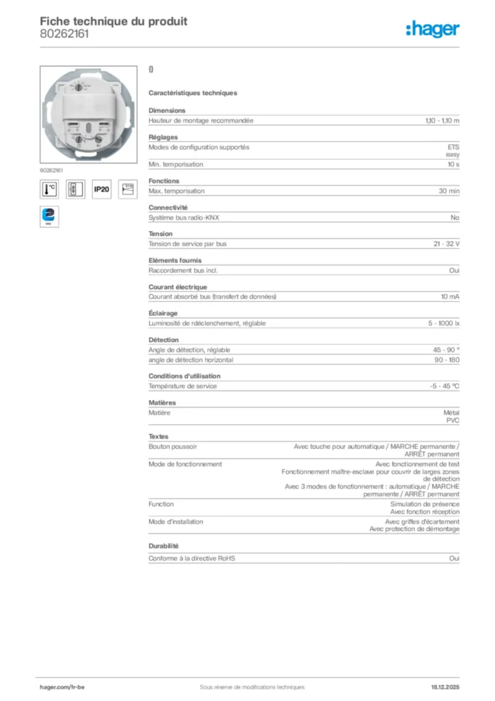 Image Hager Fiche technique du produit 80262161 | Hager Belgique