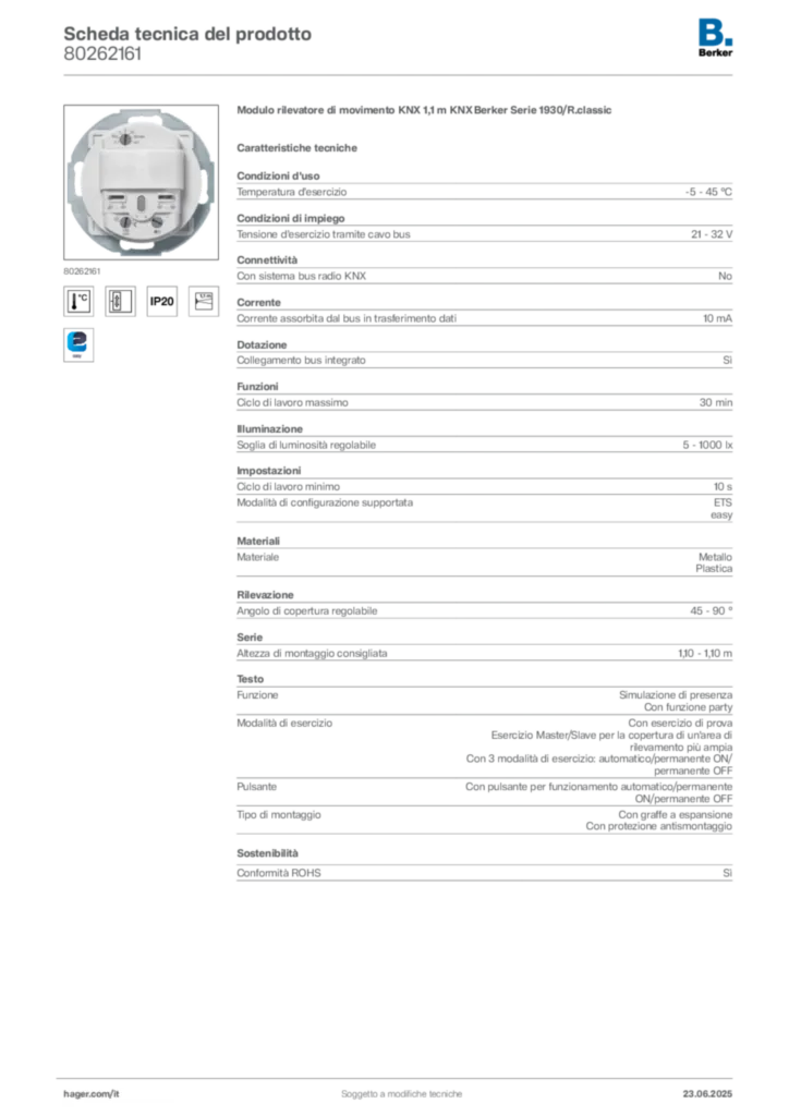 Immagine Berker Scheda tecnica del prodotto 80262161 | Hager Italia