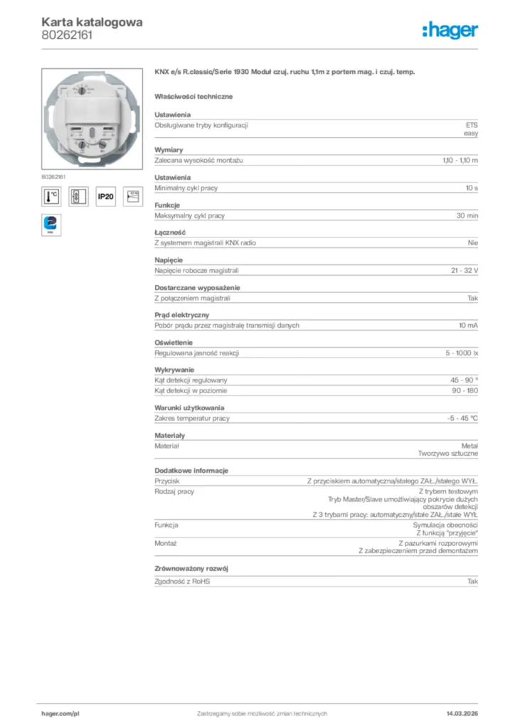 Zdjęcie Hager Karta katalogowa 80262161 | Hager Polska