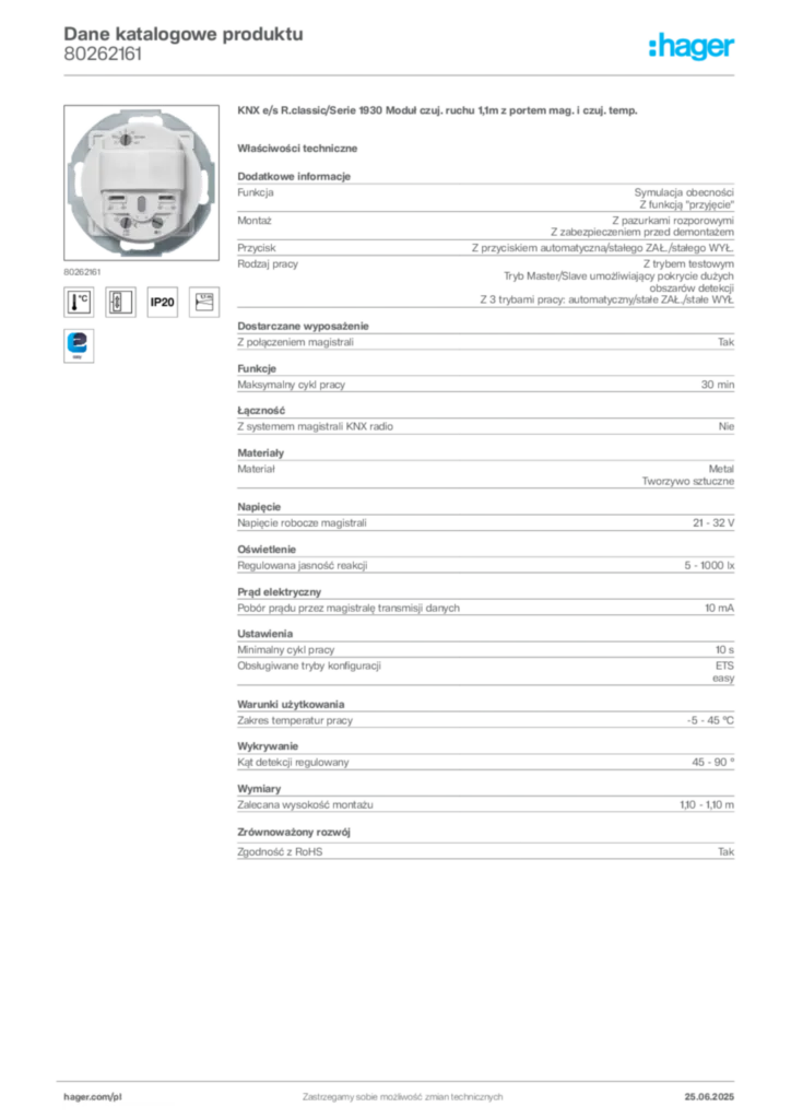 Zdjęcie Hager Karta katalogowa 80262161 | Hager Polska