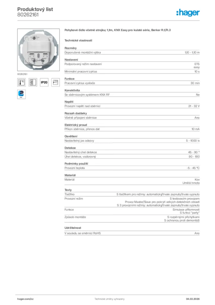 Obrázek Hager Product data sheet 80262161 | Hager