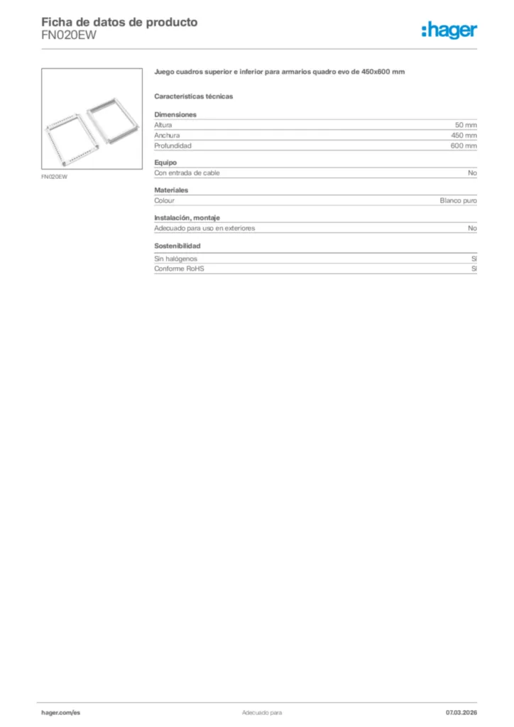 Imagen Hager Ficha de datos de producto FN020EW | Hager España