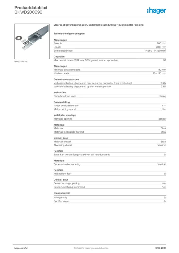 Afbeelding Hager Productdatablad BKWD200090 | Hager Nederland