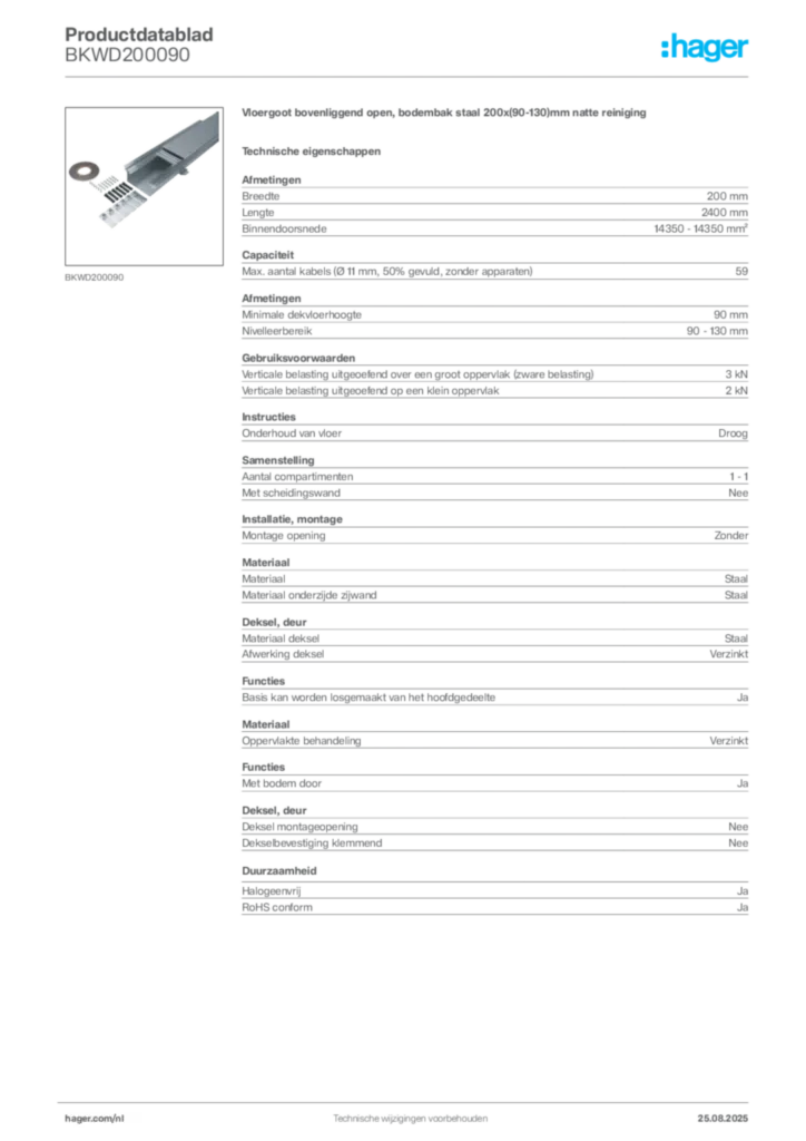 Afbeelding Hager Productdatablad BKWD200090 | Hager Nederland