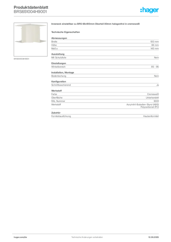 Bild Hager Produktdatenblatt BRS651004H9001 | Hager Deutschland