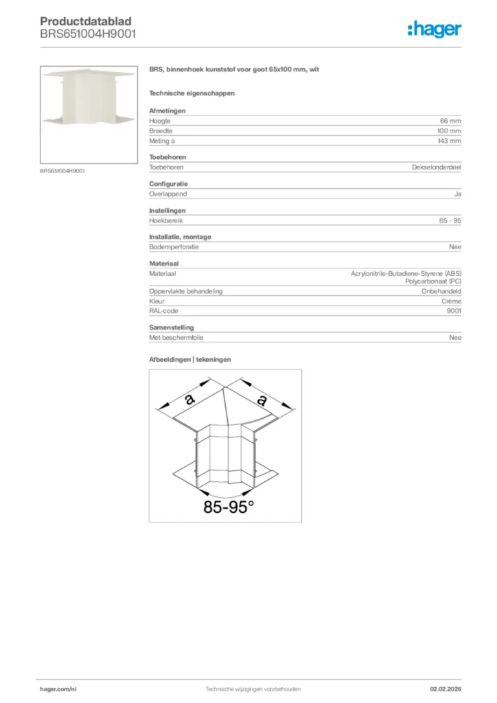 Afbeelding Hager Productdatablad BRS651004H9001 | Hager Nederland