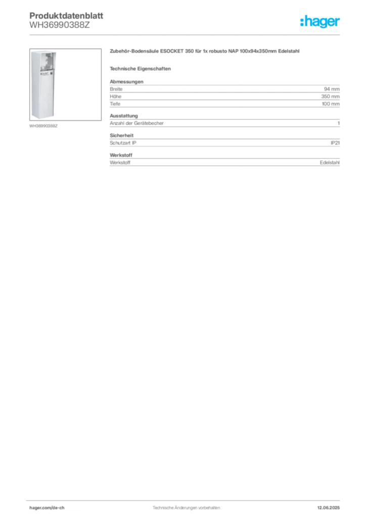 Bild Hager Produktdatenblatt WH36990388Z | Hager Schweiz