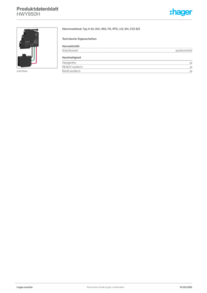 Hager Produktdatenblatt HWY950H