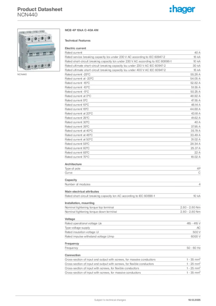 Image Hager Product data sheet NCN440  | Hager