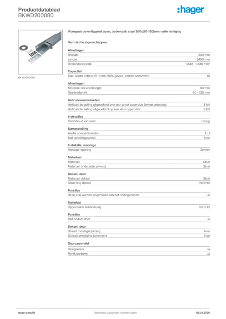 Afbeelding Hager Productdatablad BKWD200080 | Hager Nederland