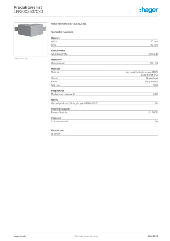 Obrázek Hager Product data sheet LFF2003537030 | Hager