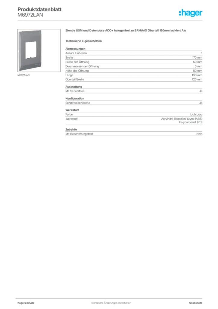 Bild Hager Produktdatenblatt M6972LAN | Hager Deutschland