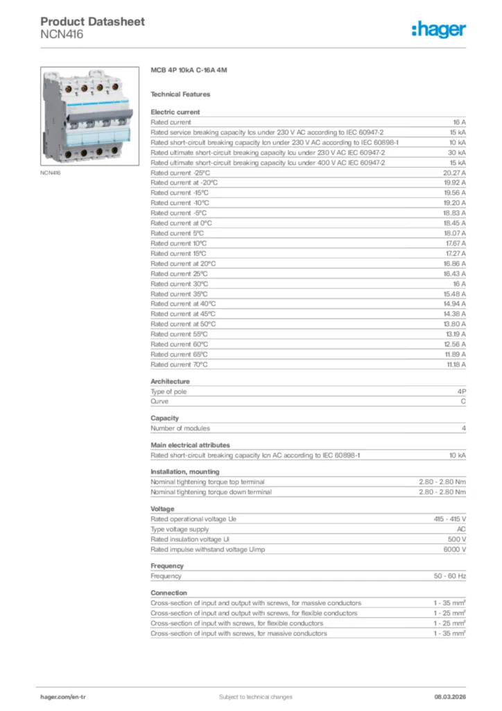 Image Hager Product data sheet NCN416  | Hager