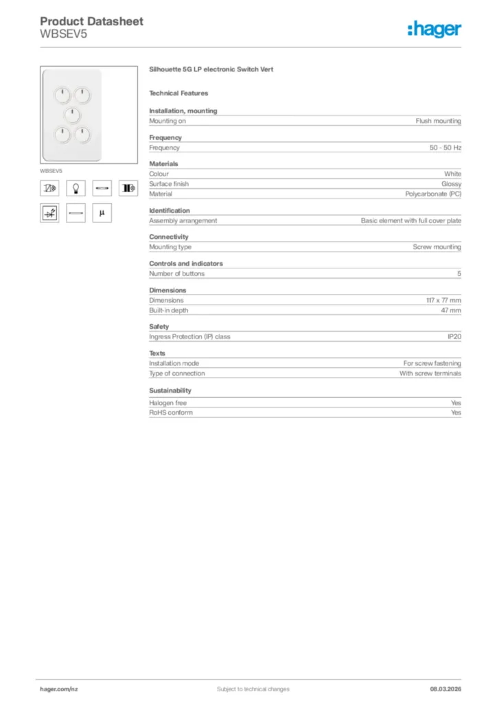 Image Hager Product data sheet WBSEV5  | Hager New Zealand