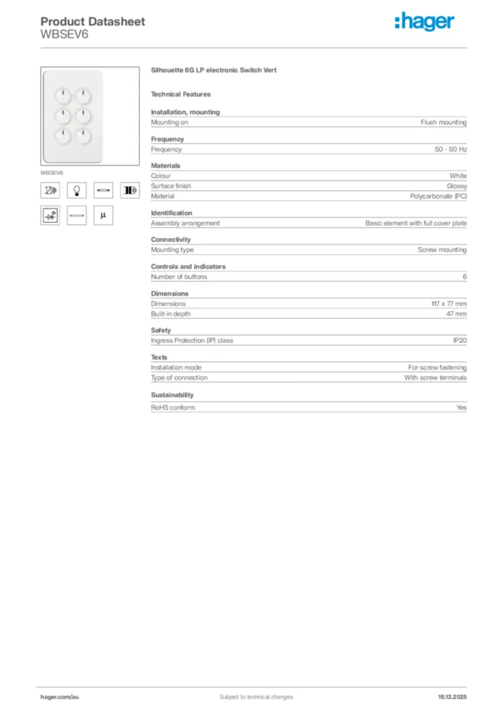 Image Hager Product data sheet WBSEV6  | Hager Australia