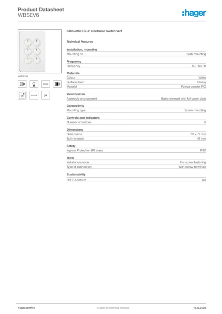 Image Hager Product data sheet WBSEV6  | Hager New Zealand