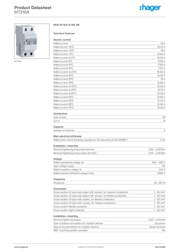 Image Hager Product data sheet MT216A  | Hager
