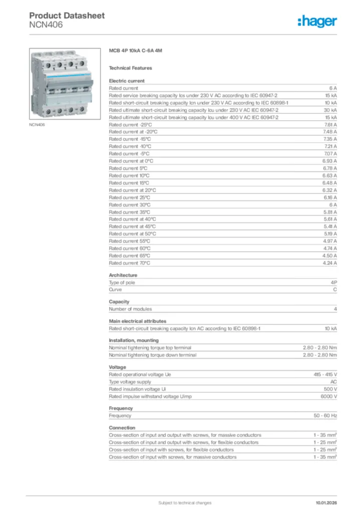 Image Hager Product data sheet NCN406  | Hager