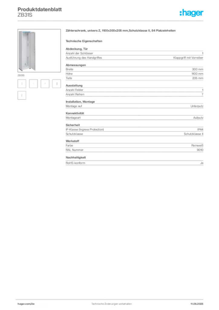 Hager Produktdatenblatt ZB31S