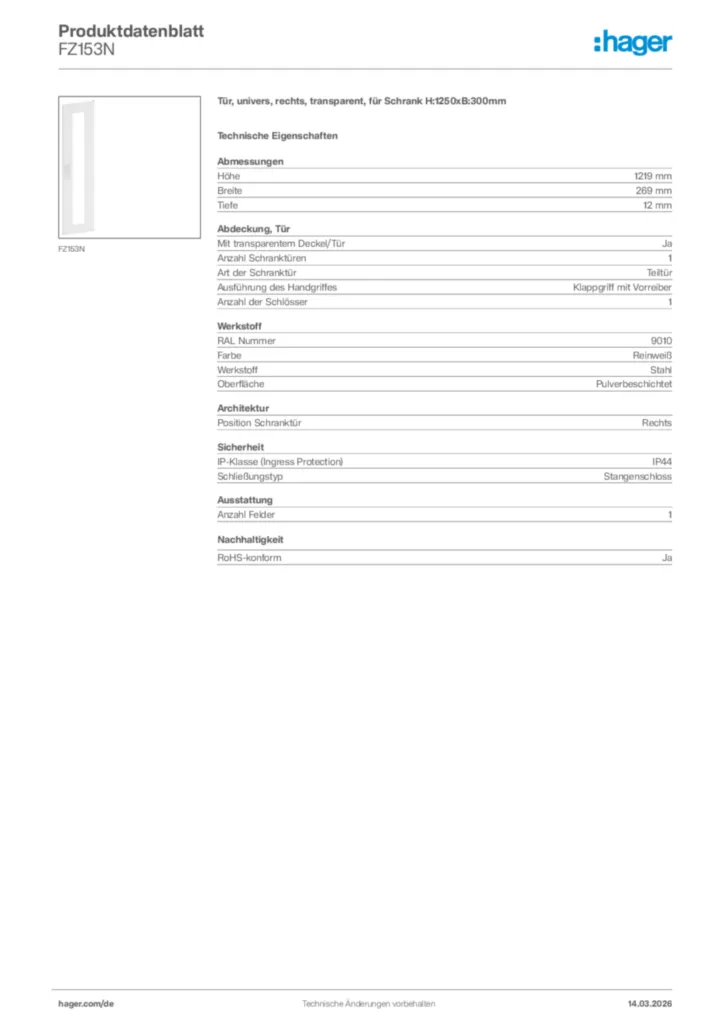 Bild Hager Produktdatenblatt FZ153N | Hager Deutschland