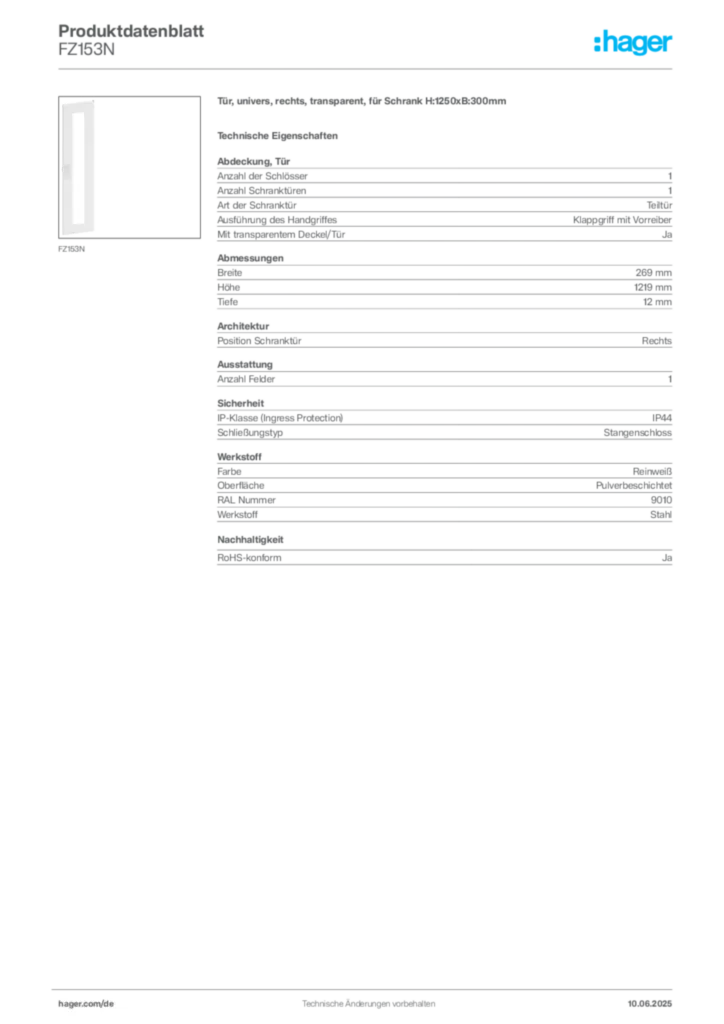 Bild Hager Produktdatenblatt FZ153N | Hager Deutschland