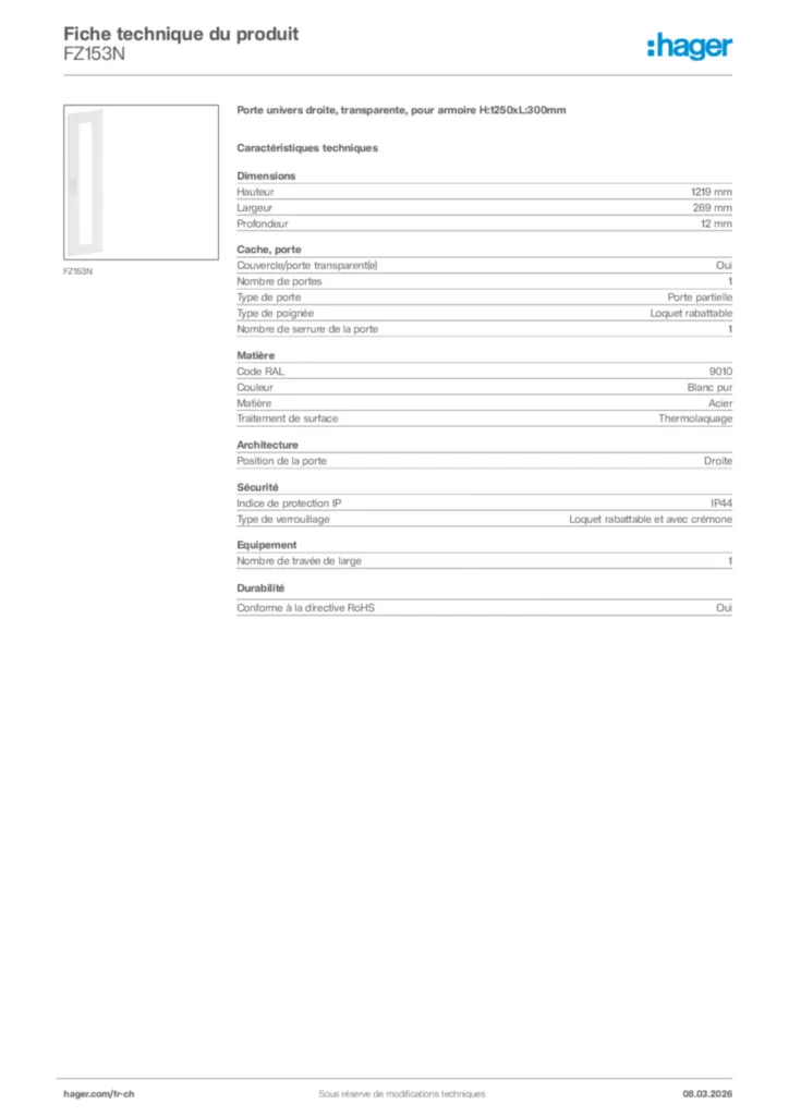 Image Hager Fiche technique du produit FZ153N | Hager Suisse