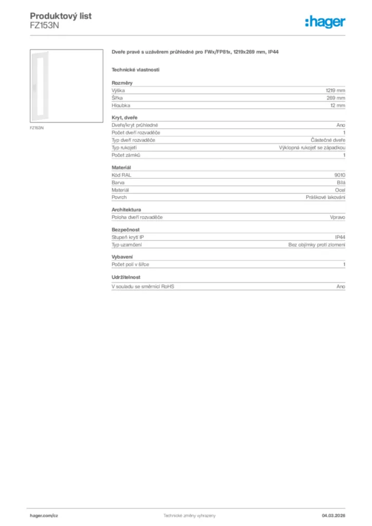 Obrázek Hager Product data sheet FZ153N | Hager