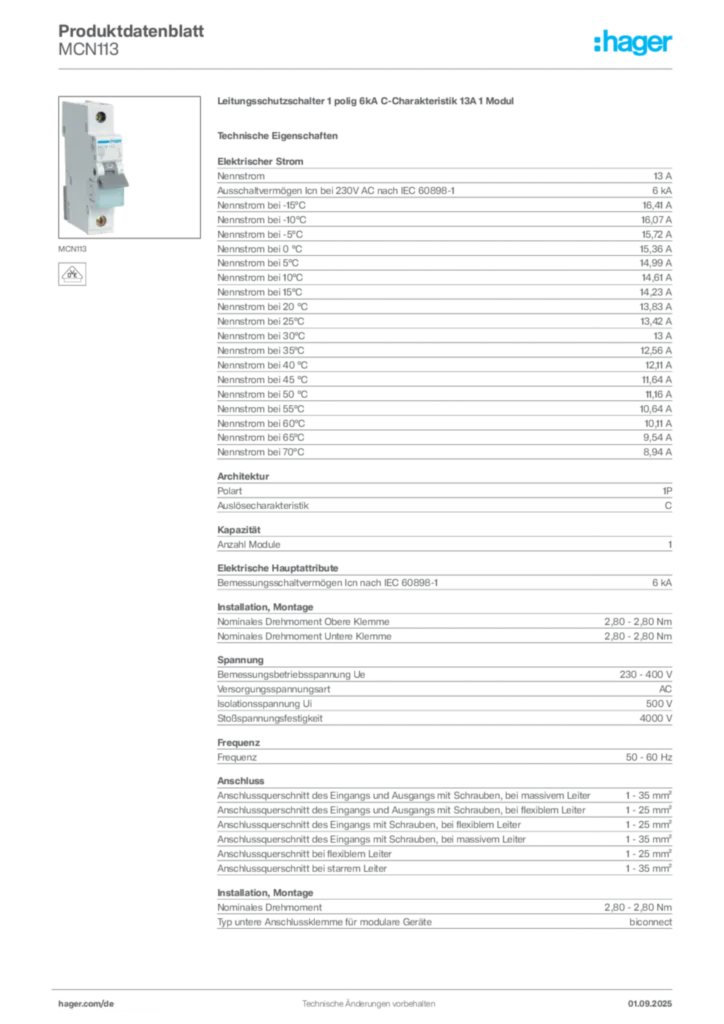 Bild Hager Produktdatenblatt MCN113 | Hager Deutschland