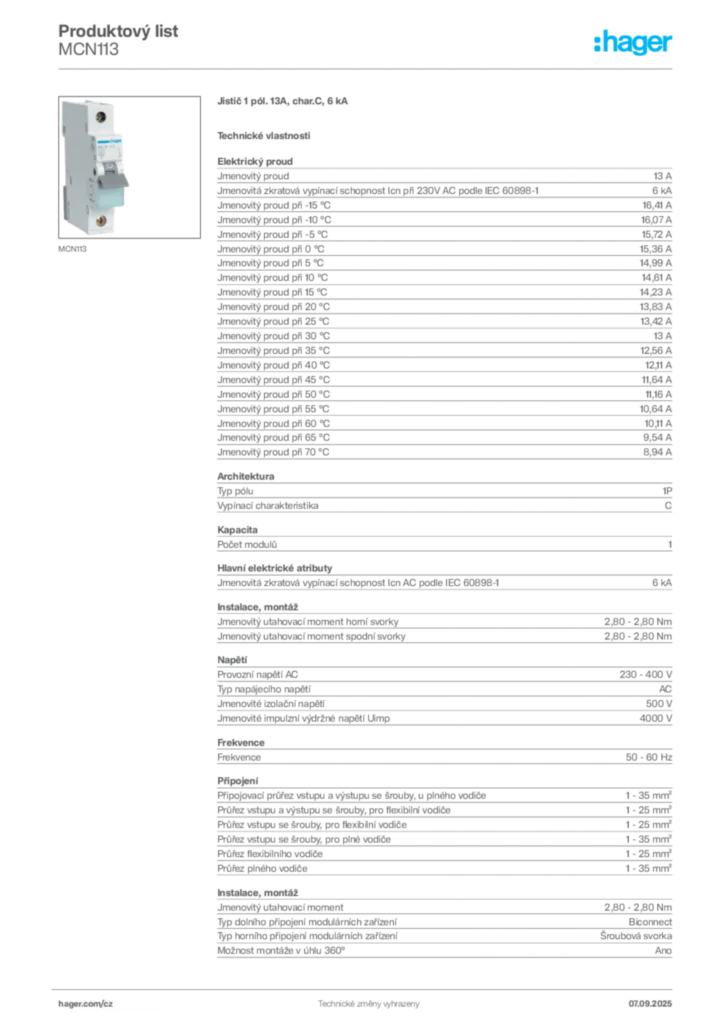 Obrázek Hager Produktový list MCN113 | Hager