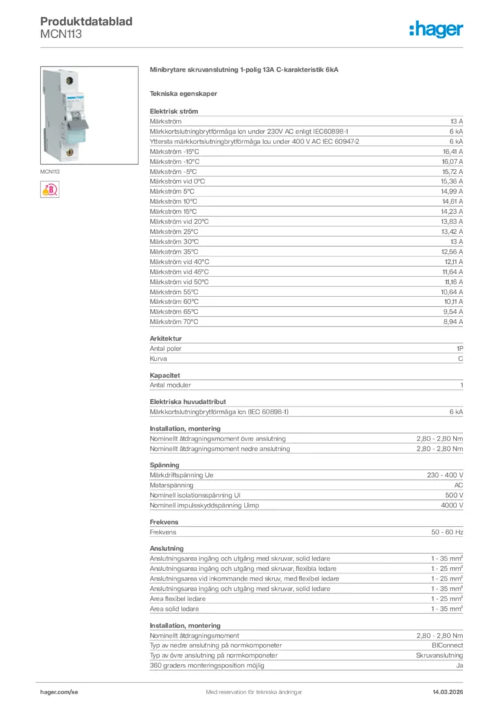 Bild Hager Produktdatablad MCN113 | Hager Sverige