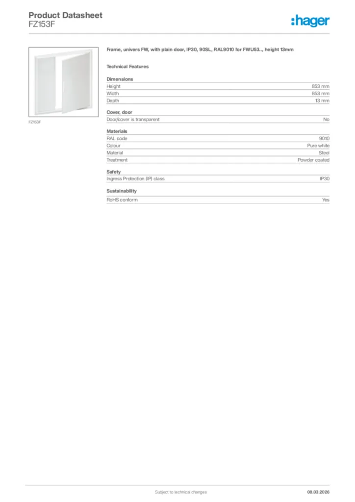 Image Hager Product data sheet FZ153F  | Hager Africa