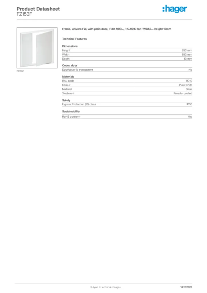 Image Hager Product data sheet FZ153F  | Hager Africa