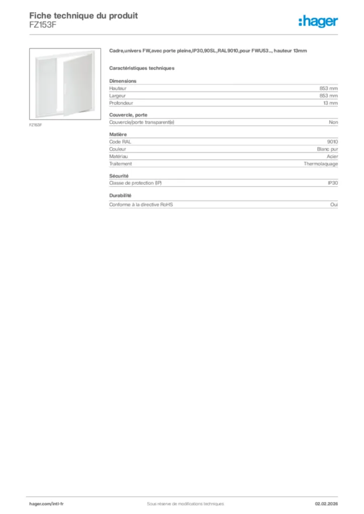 Image Hager Fiche technique du produit FZ153F | Hager Afrique