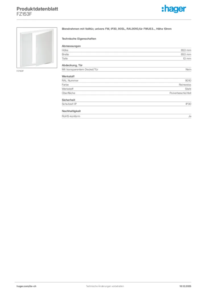 Bild Hager Produktdatenblatt FZ153F | Hager Schweiz