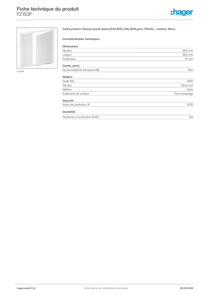Image Hager Fiche technique du produit FZ153F | Hager Suisse