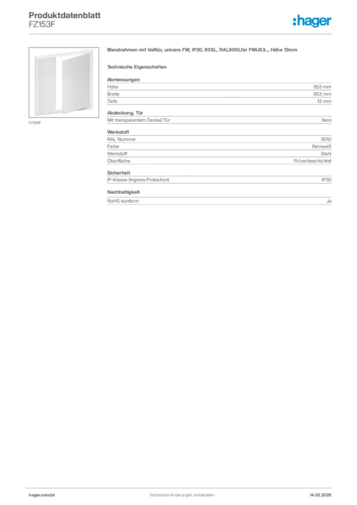 Bild Hager Produktdatenblatt FZ153F | Hager Deutschland