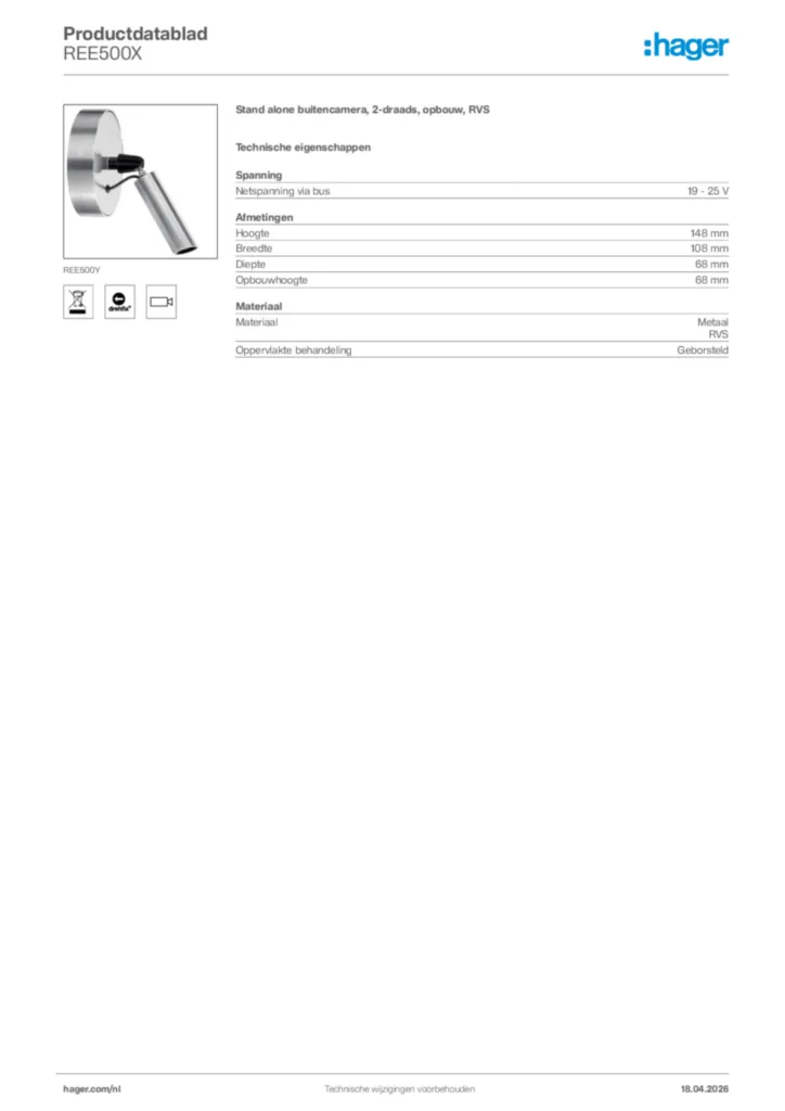 Afbeelding Hager Productdatablad REE500X | Hager Nederland