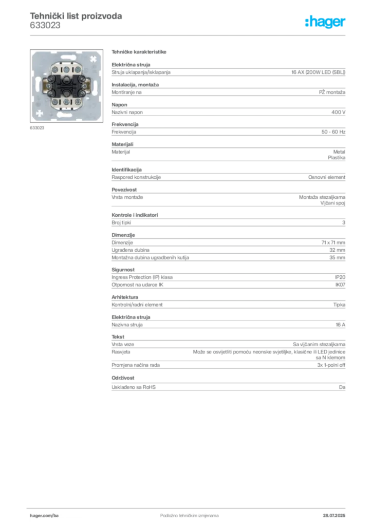Slika Hager Product data sheet 633023  | Hager