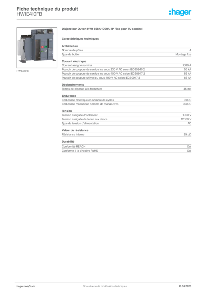 Image Hager Fiche technique du produit HW1E410FB | Hager Suisse