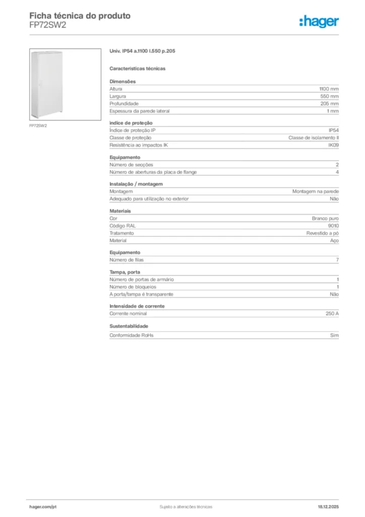 Imagem Hager Ficha técnica do produto FP72SW2 | Hager Portugal